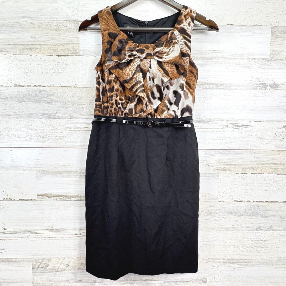 ALYX petite Sleeveless Bow Neck Leopard Print Top Black Skirt‎ Belted Dress 4P